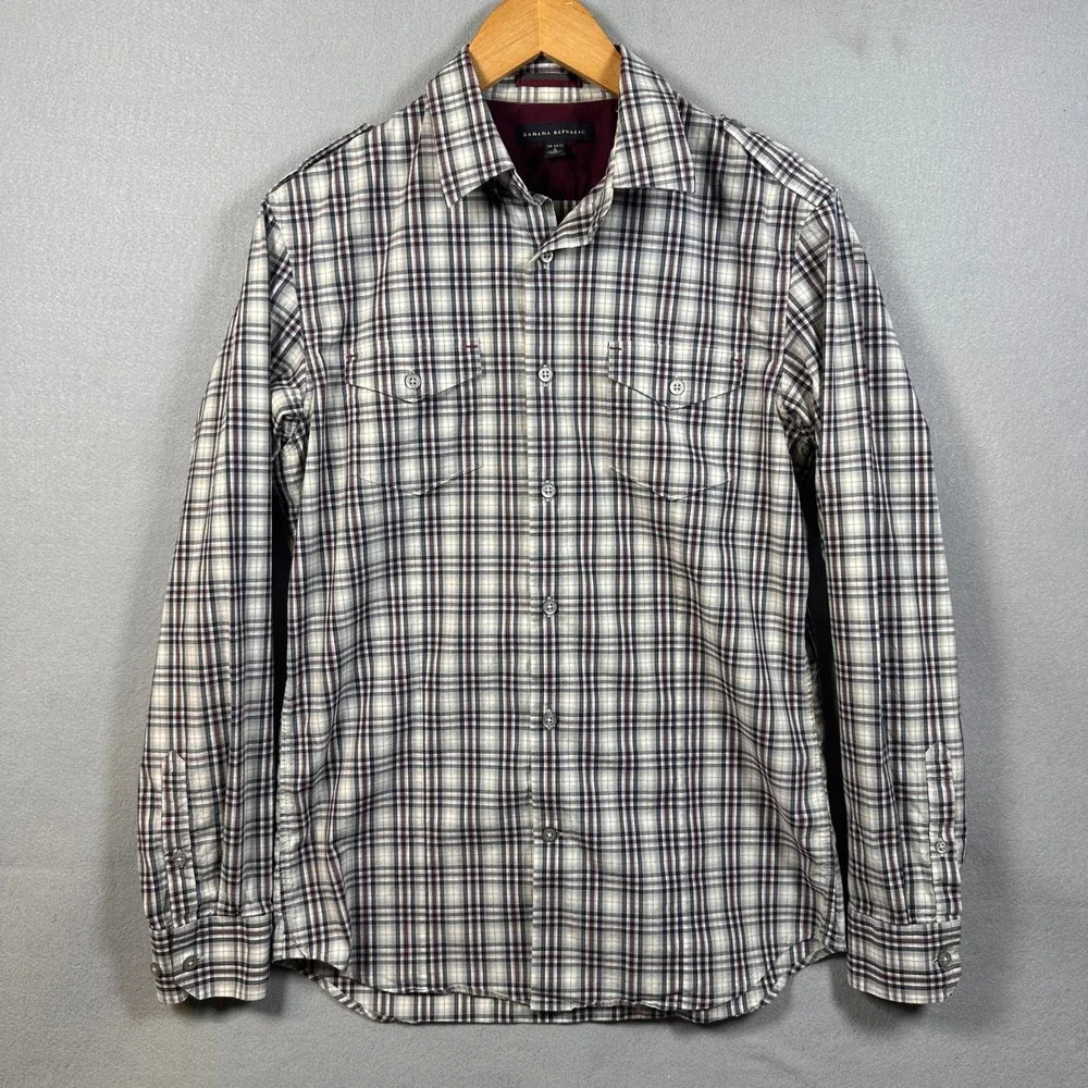 Banana Republic Mens Small Plaid Button Down Shirt Stretch Epaulets Burgundy S